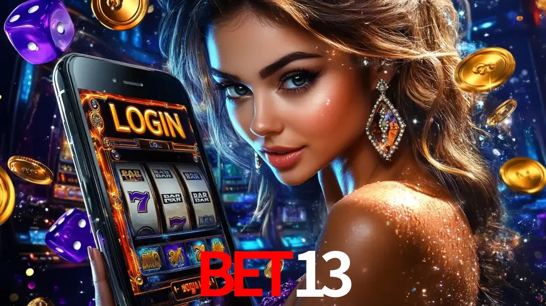 Mulher glamorosa segurando um smartphone com a tela de login para os jogos de caça-níqueis do cassino online BET13, com moedas de ouro e dados ao redor.